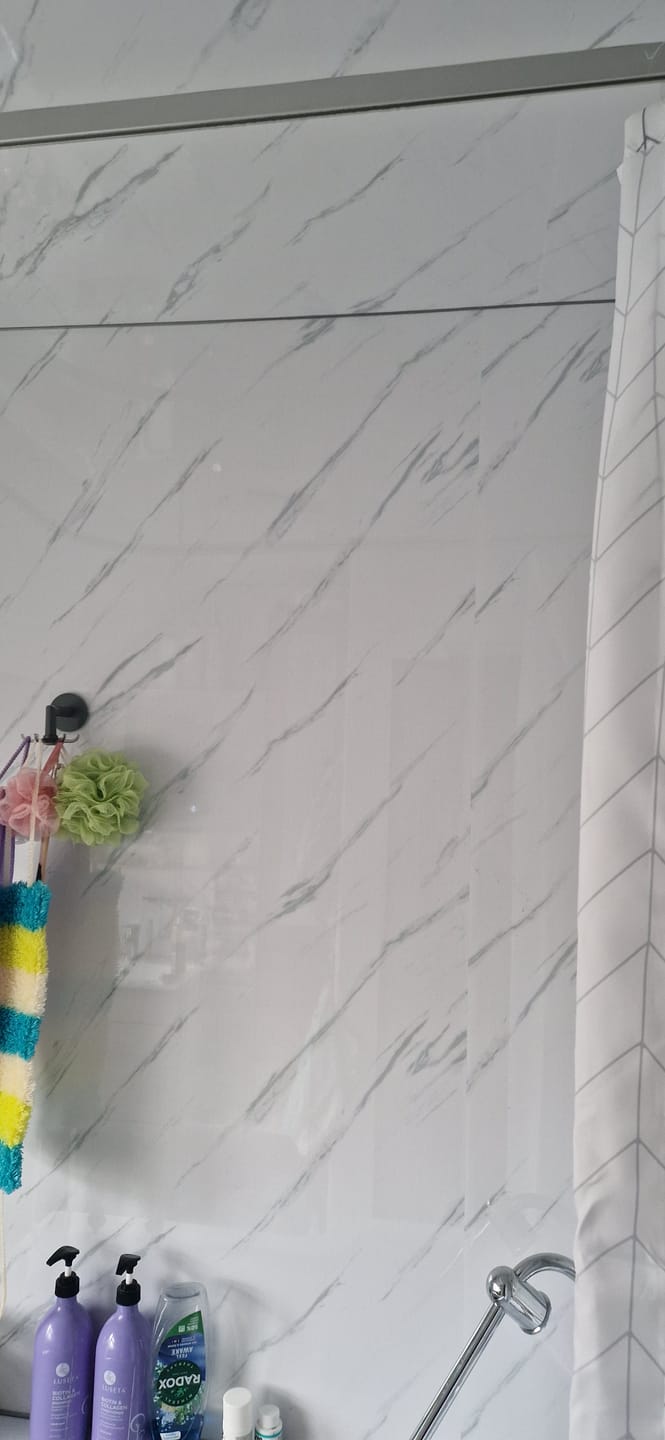 Customer photo review of Premium Carrara White Marble Gloss Shower Wall Panel – 1M x 2.4M