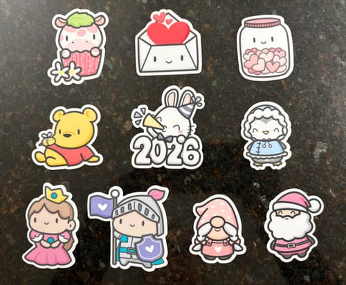 Customer's assortment of 10 cute, random die-cut stickers including a bear, princess, knight, and Santa.
