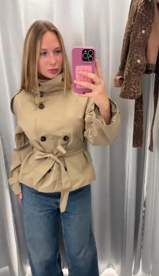 Customer photo review of Kara Stand Collar Crop Trenchcoat