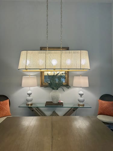 Customer photo review of 5-Light Beige Woven Thread Linear Cage Island Chandelier