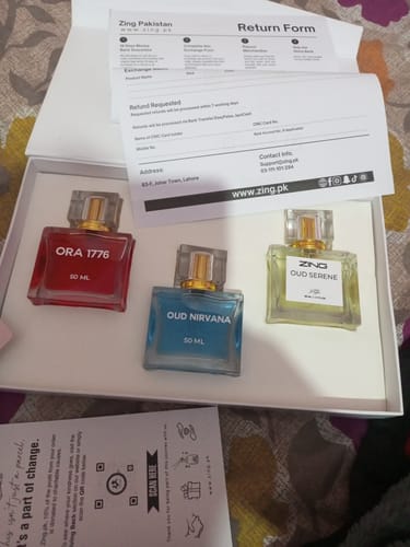 Reviewer's OUD Supreme BUNDLE displayed in its open box, showing the Ora 1776, Oud Nirvana, and Oud Serene fragrances.