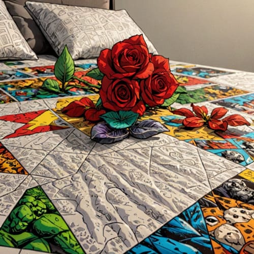 Customer's colorful comic-themed quilt from their Mrs Quilty Subscription Box, shown on a bed with decorative roses on top.