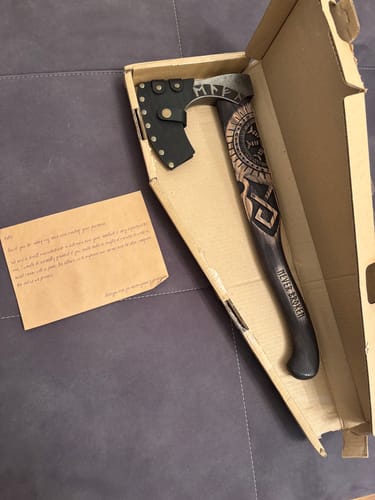 Customer photo review of Hand forged axe “OTHALA” with leather cover