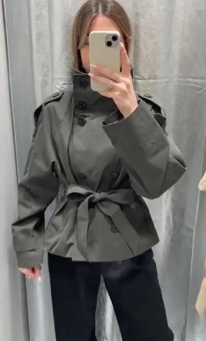 Customer photo review of Kara Stand Collar Crop Trenchcoat