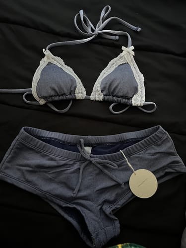 Customer photo review of Deep Blue Denim Lace Bowknot Halter Triangle Bikini Top