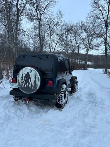 Customer photo review of Walking in the Moonlight Bigfoot Sasquatch Spare Tire Cover for Bronco, Jeep, RV, Camper, Etc.
