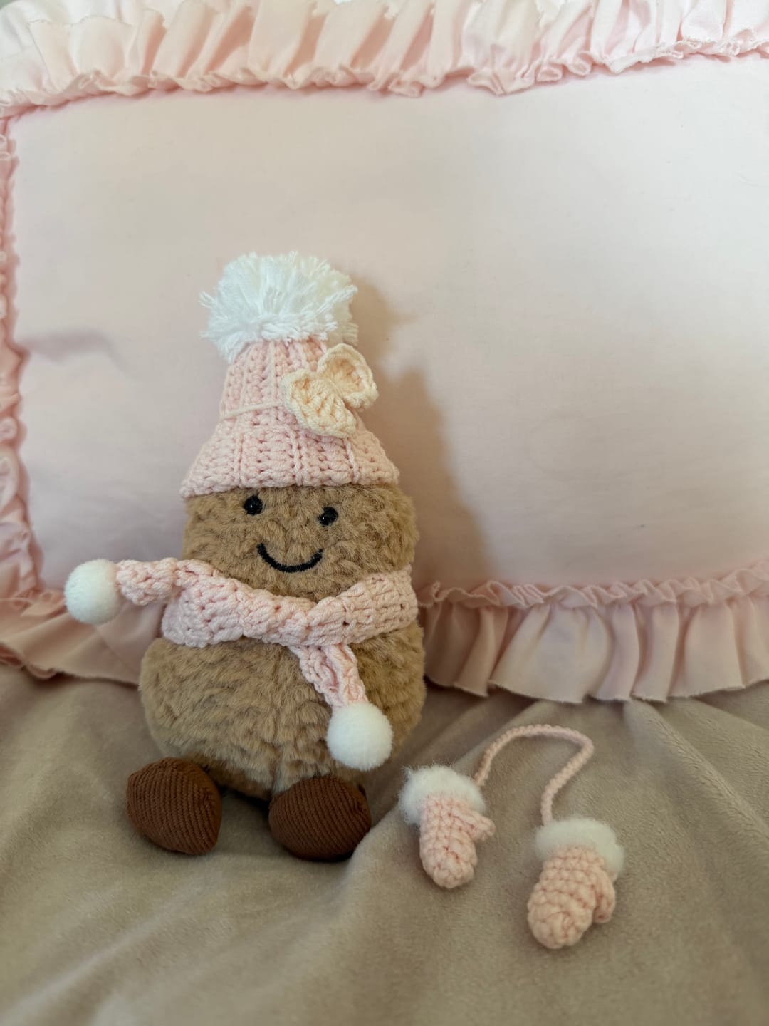 Customer photo review of Pink Crochet Bonnet and Gloves for Jellycat Peanut - Pink Lovers Pick!