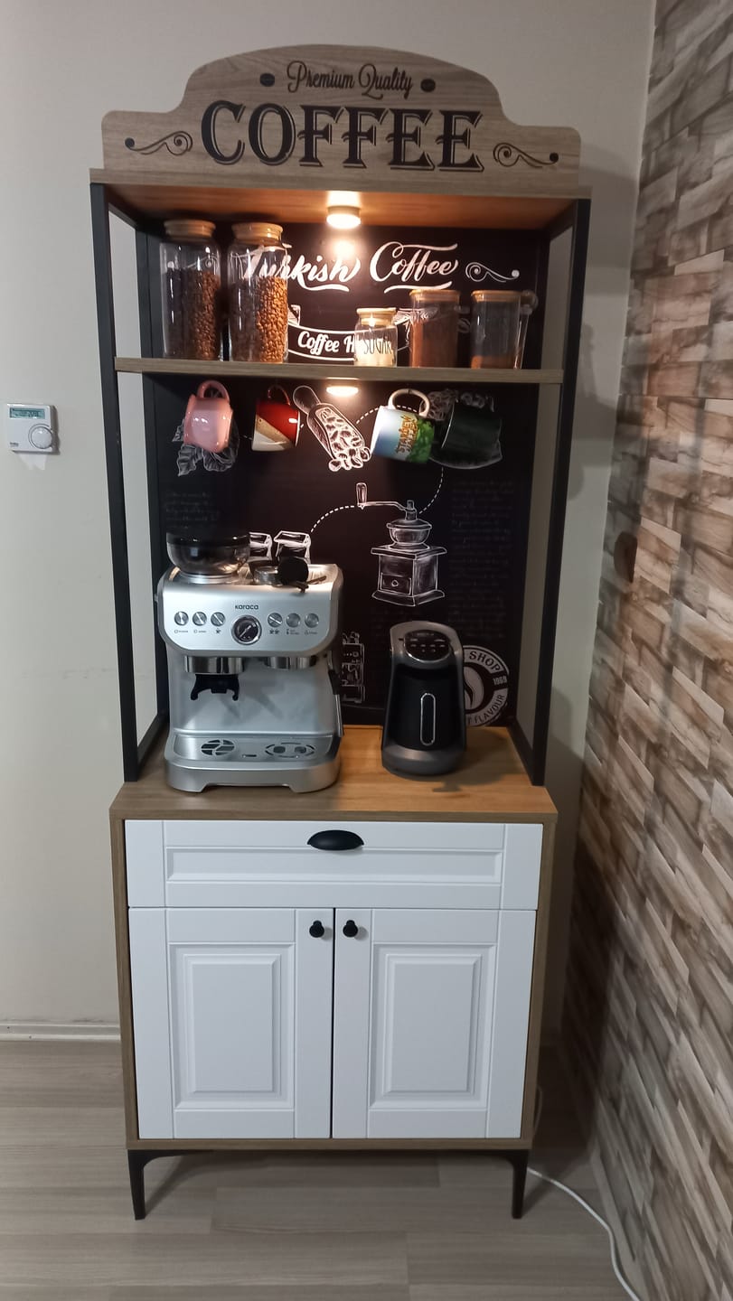 Customer photo review of Rani JE157 Işıklı Kahve Köşesi Membran Kapaklı Çekmeceli Çok Amaçlı Mutfak Dolabı Sepet Ceviz - Beyaz