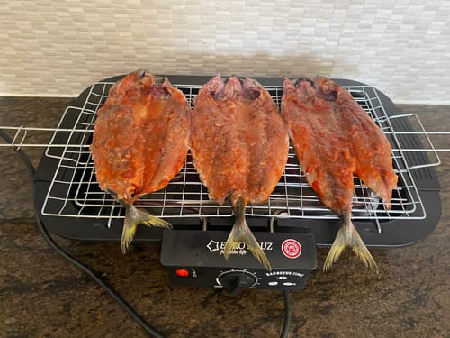 Customer grilling three large, split fish on the black Eurohauz™ Smokeless Grill.