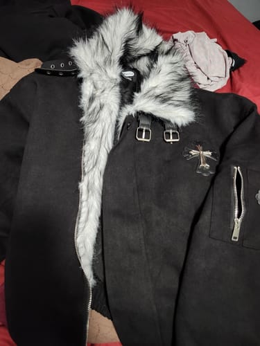 Customer photo review of Omirad Faux Fur Collar Suede-Texture Buckle Bomber Jacket