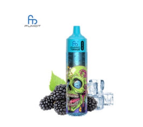 Customer's blue RandM Tornado disposable vape with a skull graphic, shown with blackberries and ice.