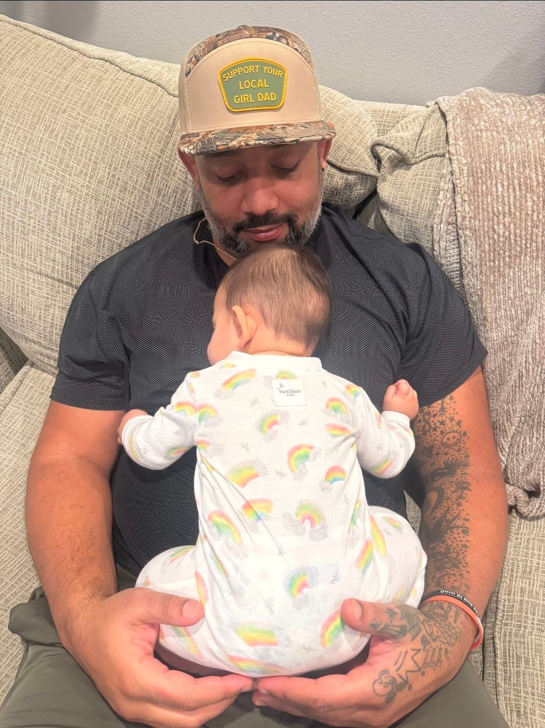 Customer photo review of Support Your Local Girl Dad 7 Panel Camo Edition Trucker