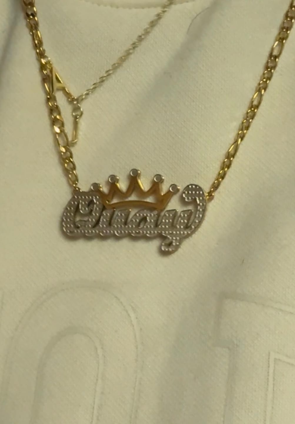 Customer photo review of Double Plated Crown Name Necklace w/ Figaro Chain