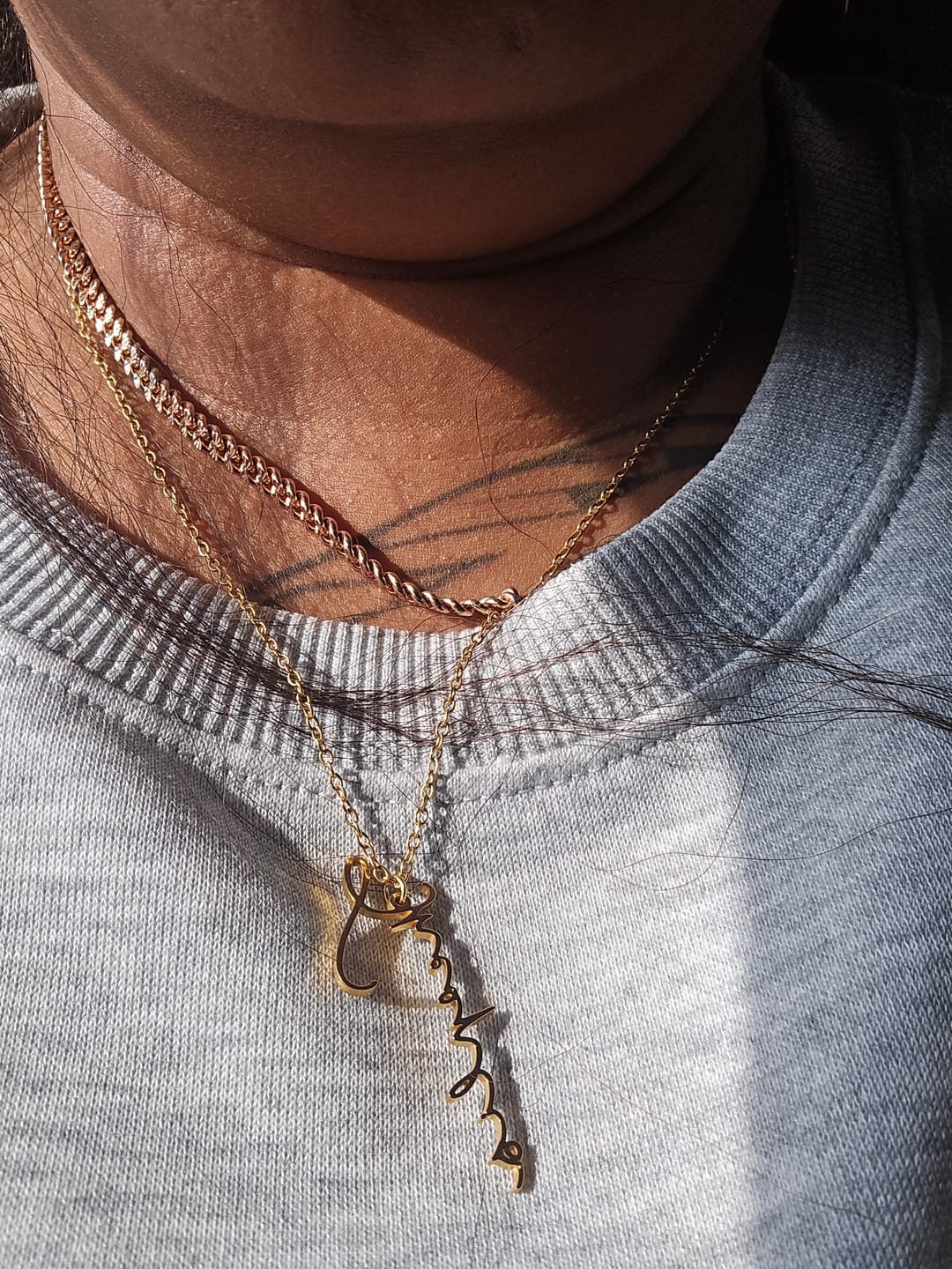 Customer photo review of Vertical Script Name Necklace