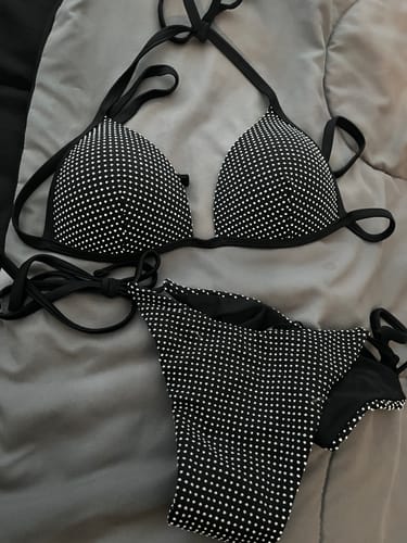 Customer photo review of Black Pin Dot Jacquard Fabric Halter Triangle Bikini Top