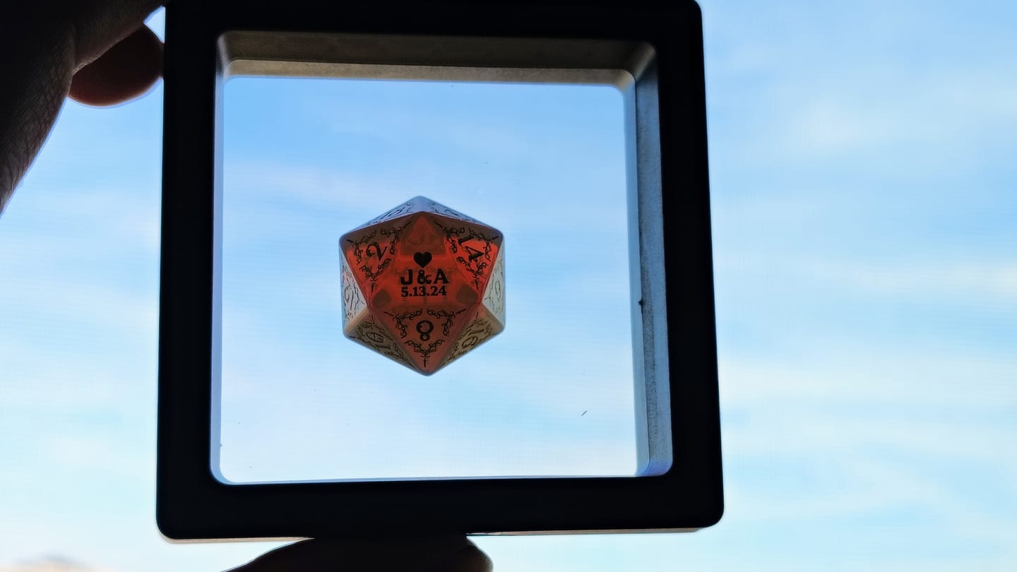Customer photo review of Custom Anniversary D20 Dice – Personalized D&D Gift