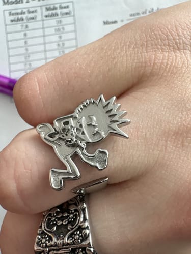 Close-up of a reviewer's finger wearing the silver-colored Hard Willy Ring, which is shaped like a cartoon character.