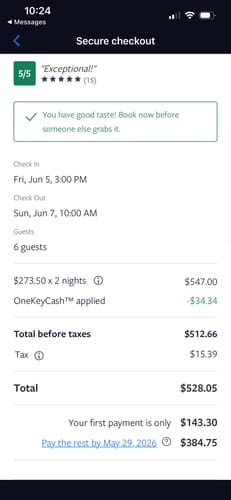 Customer screenshot of a secure checkout page for an online booking, unrelated to the product.