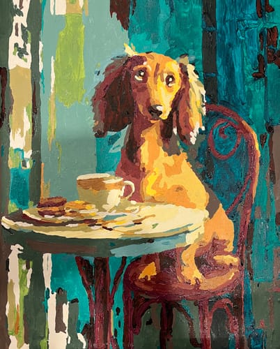 Customer's completed 'Café dreamer' paint by number art, showing a dachshund at a cafe table.