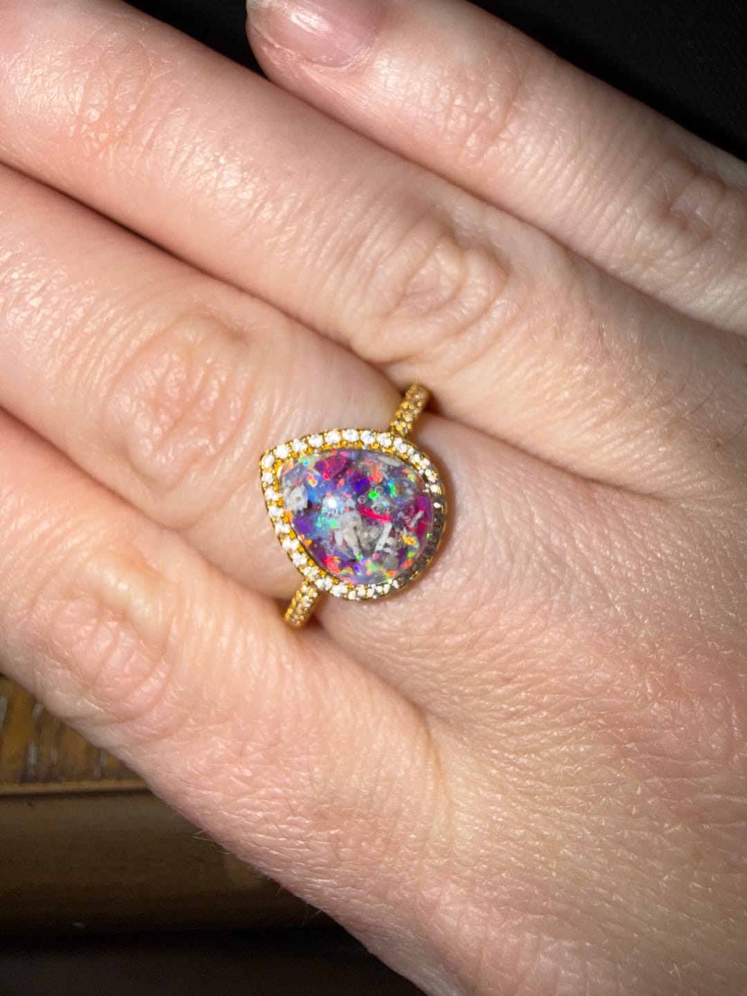 Customer photo review of Bedazzled Pear Opal Ring with Cremation Ashes