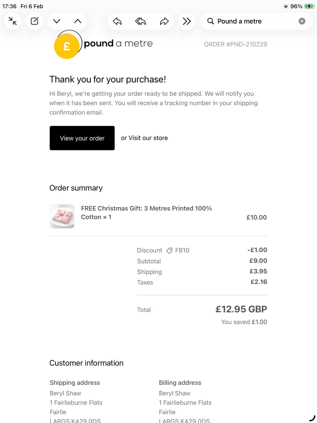 Customer photo review of FREE Christmas Gift: 3 Metres Printed 100% Cotton