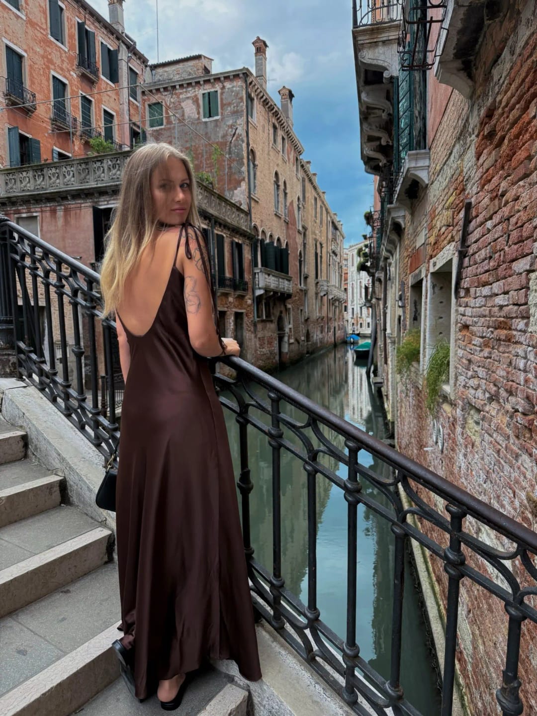 Customer photo review of Laura Backless Satin Maxi Dress