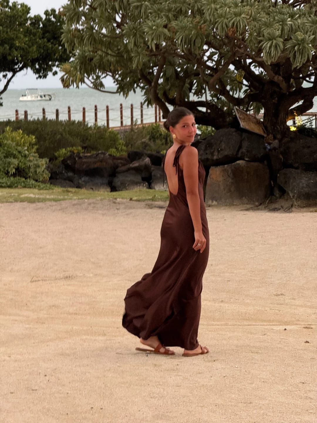 Customer photo review of Laura Backless Satin Maxi Dress