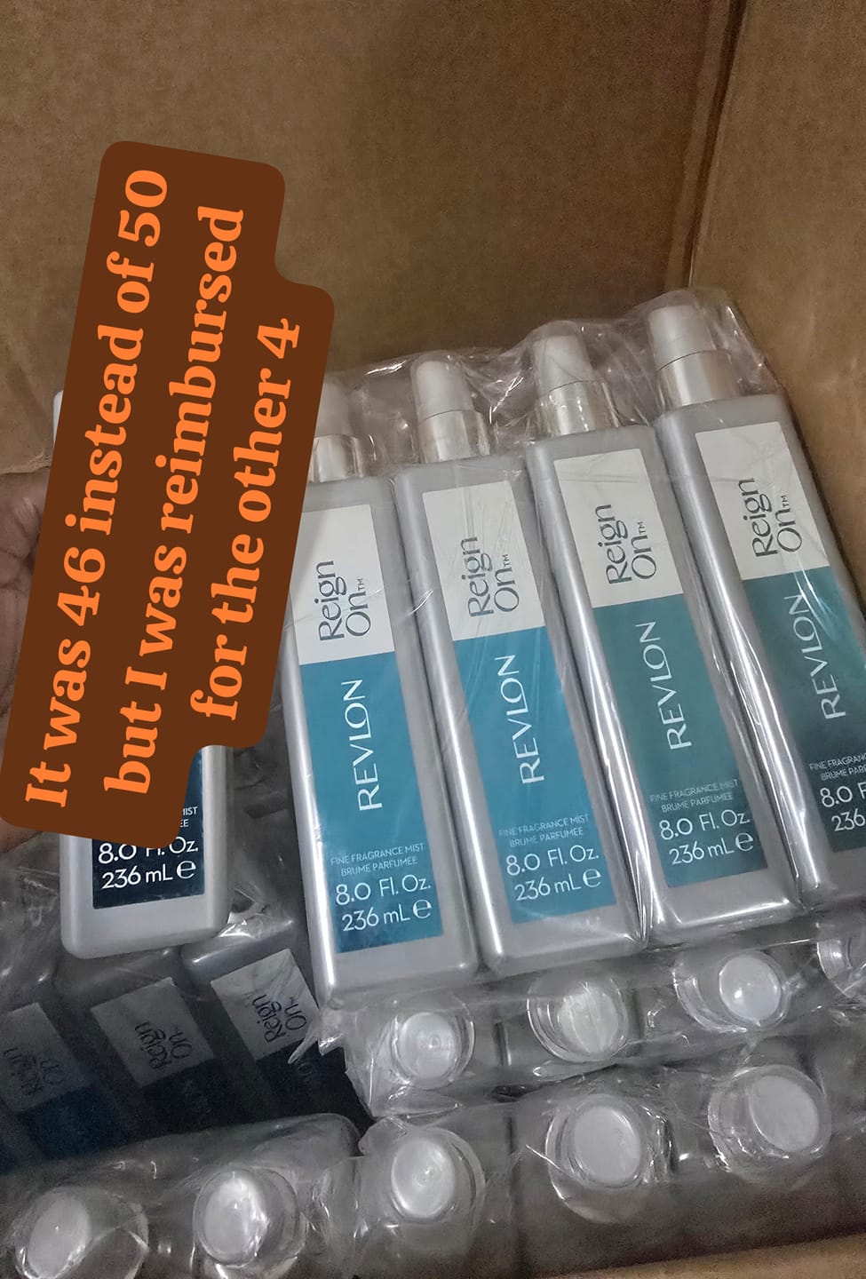 Customer photo review of Revlon Women's Perfume Fragrance, Reign On Eau De Toilette Spray  8 Fl. Oz. (50 Pcs Lot)