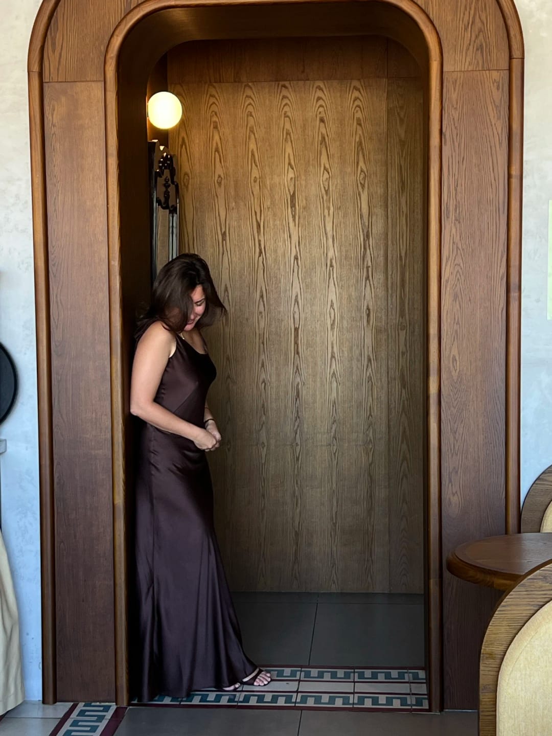Customer photo review of Laura Backless Satin Maxi Dress