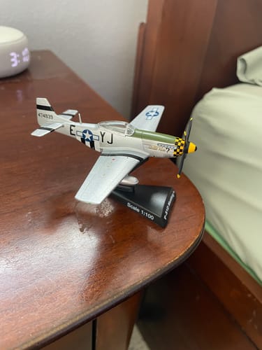 Customer's P-51D model airplane with detailed markings shown on its 1:100 scale stand on a wooden nightstand.