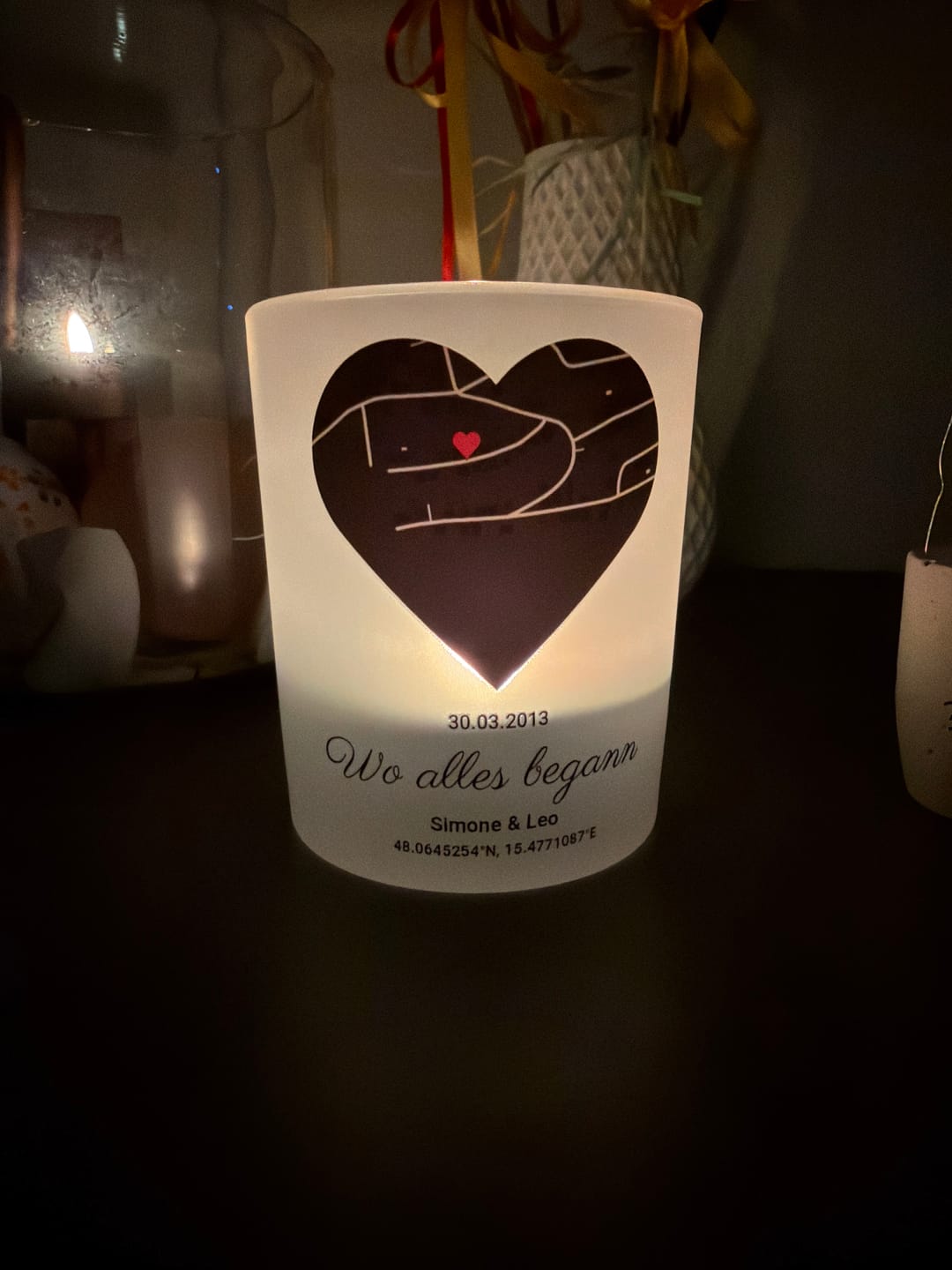 Customer photo review of Wo alles begann - Personalisiertes Teelichtglas für Paare