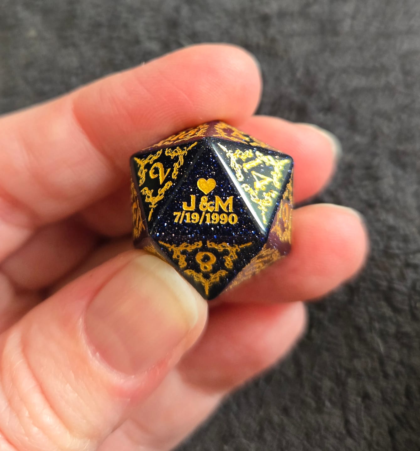 Customer photo review of Custom Anniversary D20 Dice – Personalized D&D Gift
