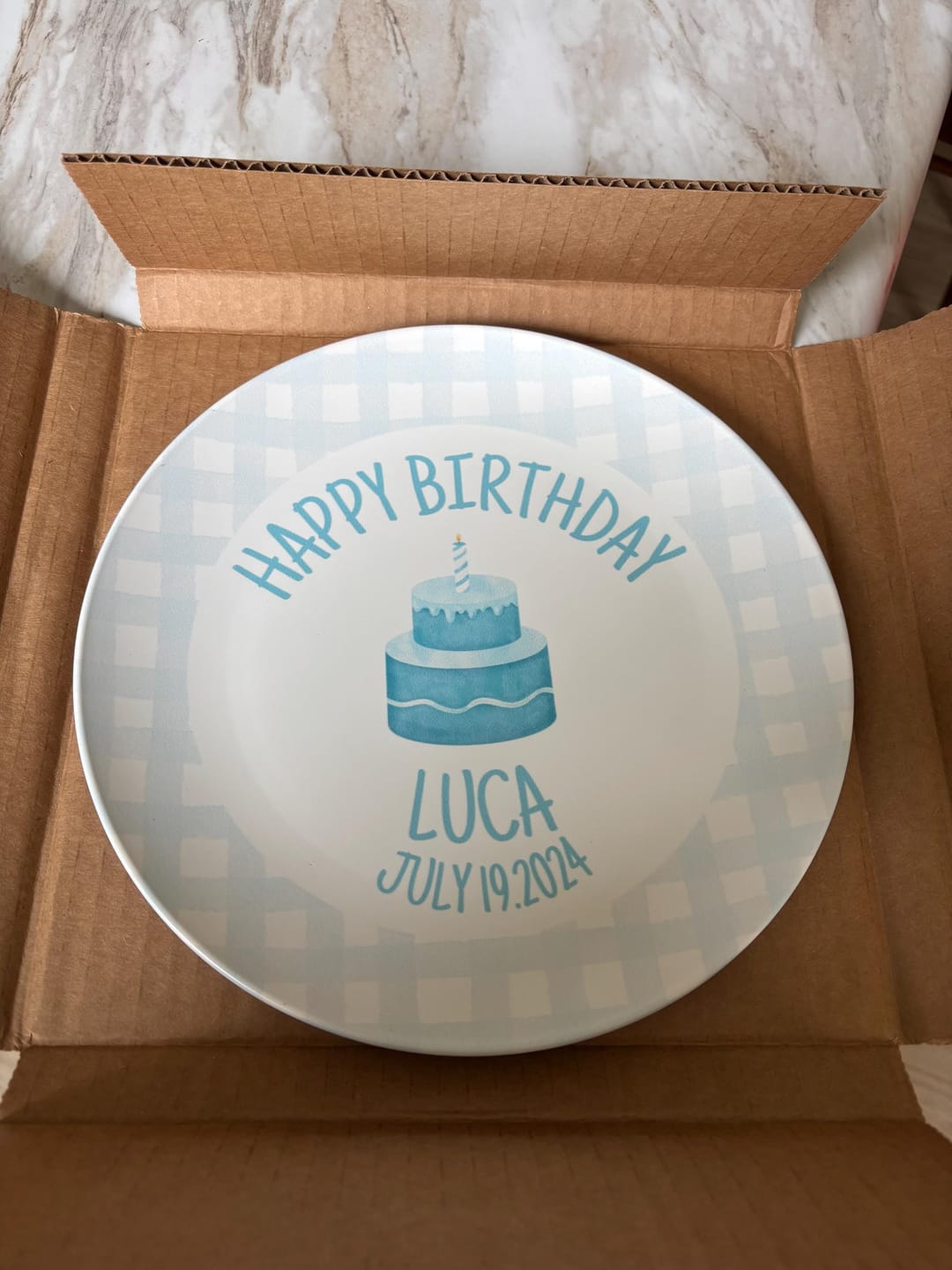 Customer photo review of Blue Gingham First Birthday Plate