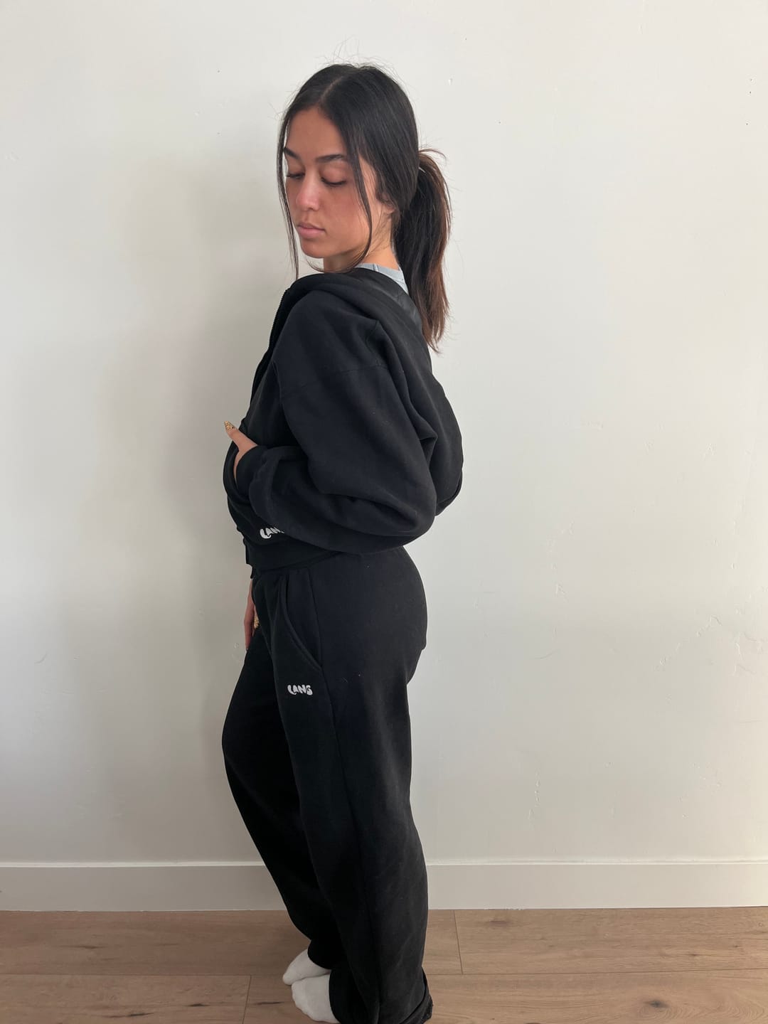 Customer photo review of Jet Black Satin Hoodie Set