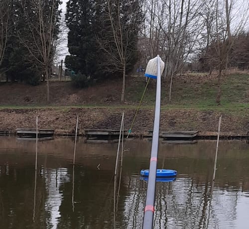 Beoordelaar die het volle latex elastiek gebruikt op een hengel boven een vijver.