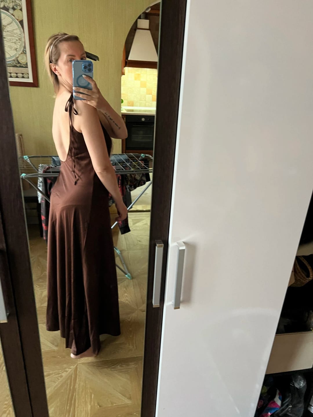 Customer photo review of Laura Backless Satin Maxi Dress