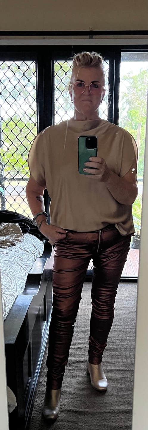 Customer photo review of Charlene Metallic Pants in Bronze