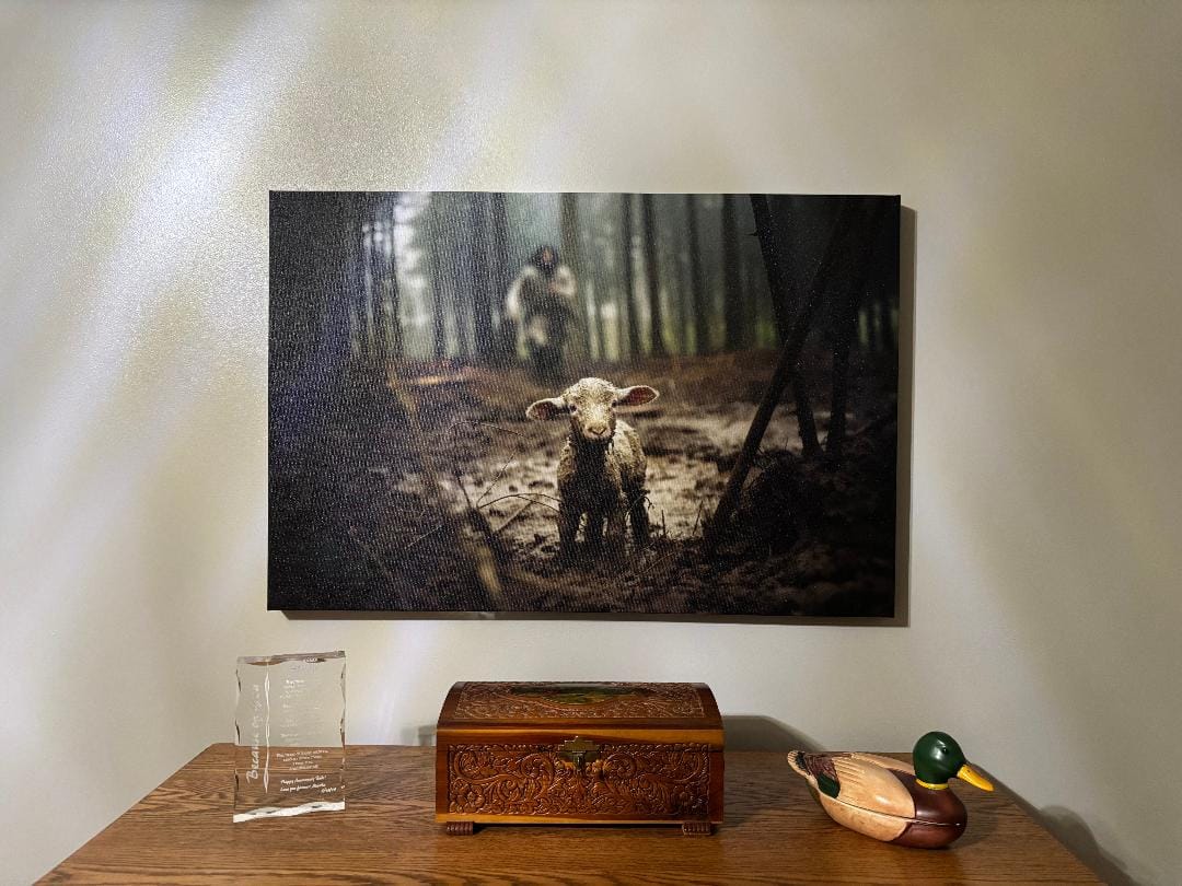 Customer photo review of Jesus Running After a Lost Lamb, Jesus and Lamb Picture, Wall Art Canvas