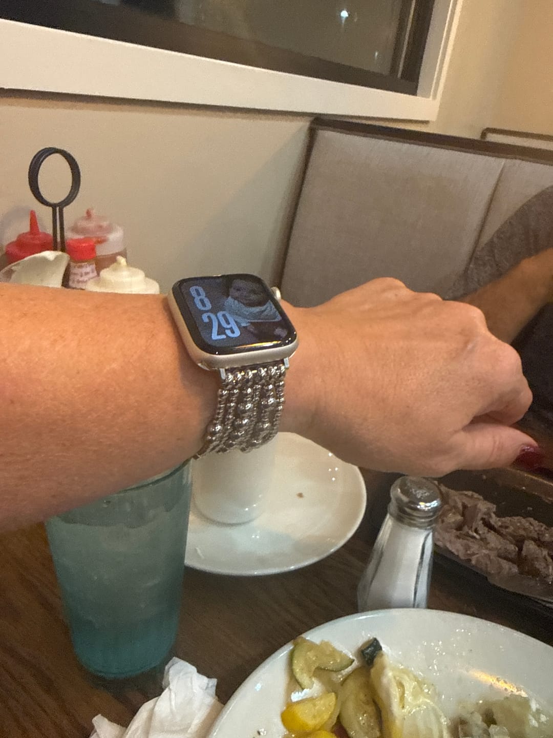 Customer photo review of Platinum Demure Stretch Apple Watch Strap