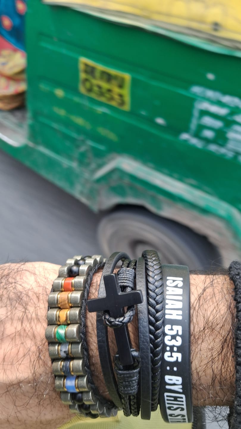 Customer photo review of Christianartworkshop Tri - Color Stainless Steel Cross & Braided Leather Fashion Bracelet