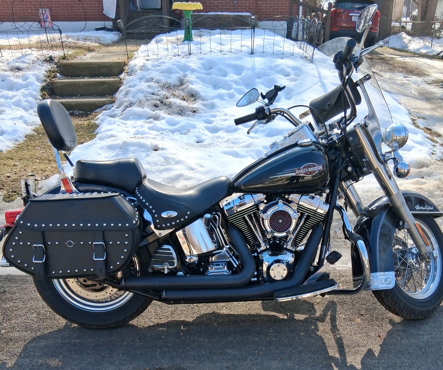 Customer photo review of 35L - Legacy Extra Large Studded Leather Motorcycle Saddlebags for Harley Softail Heritage FLSTC/I