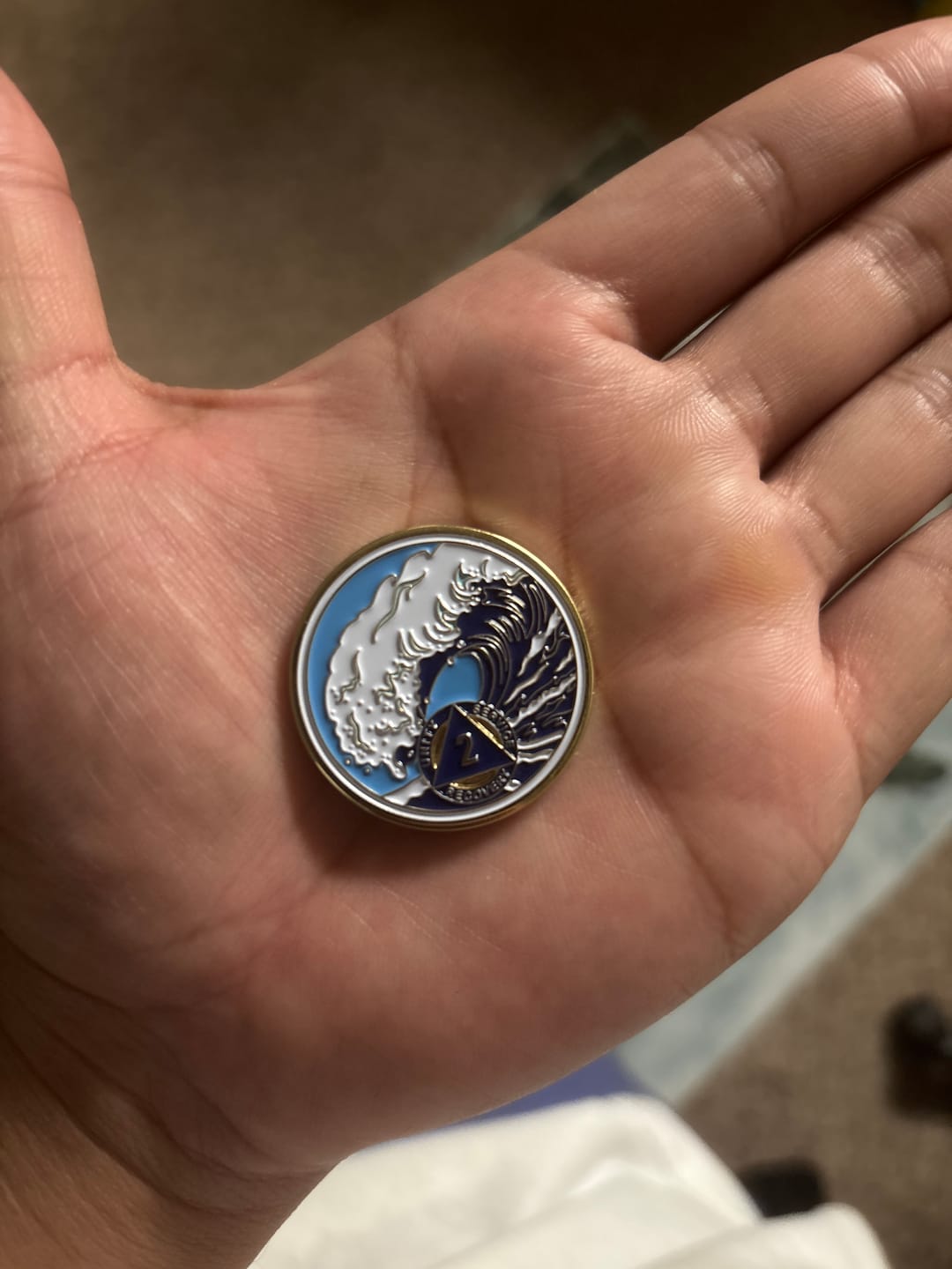 Customer photo review of 1 to 50 Year Sobriety Mint Crashing Wave Gold Plated AA Recovery Medallion/Chip/Coin - Blue/White