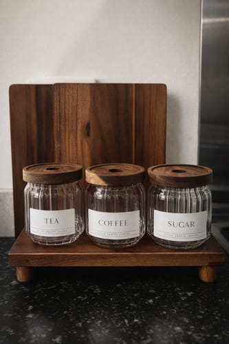 Customer photo review of Ribbed Set of 3 Acacia Glass Jars Tea, Coffee and Sugar 450 ML & Rectangle Tray