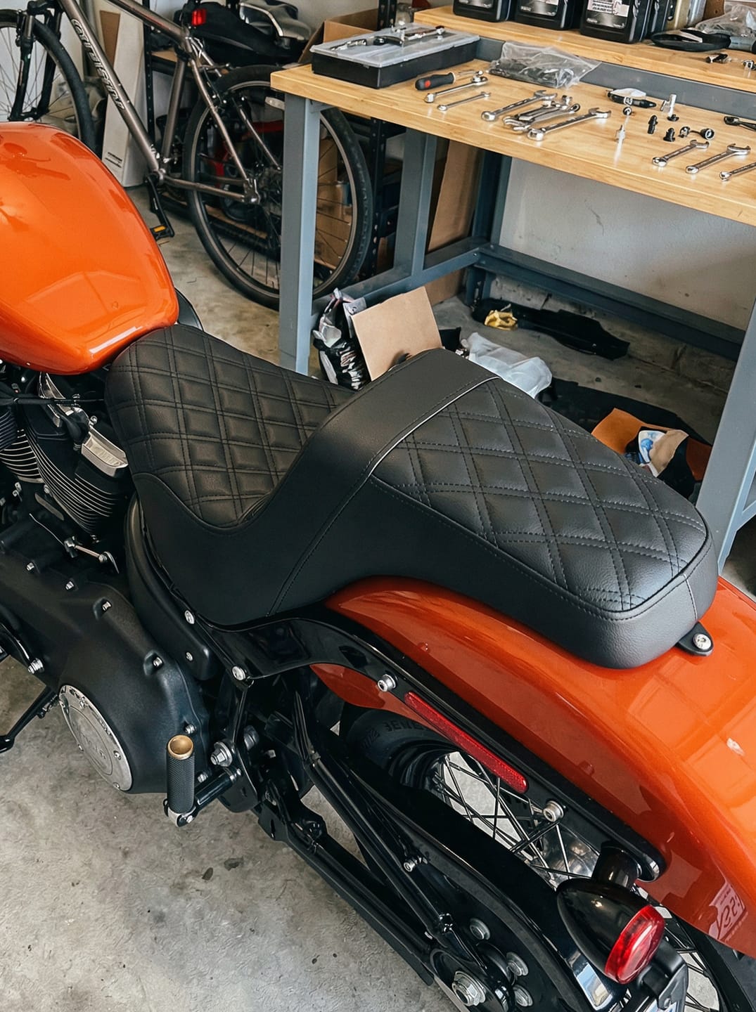 Customer photo review of Iron Born Diamond Stitch 2-Up Seat for 2018+ Harley Softail Street Bob FXBB/S