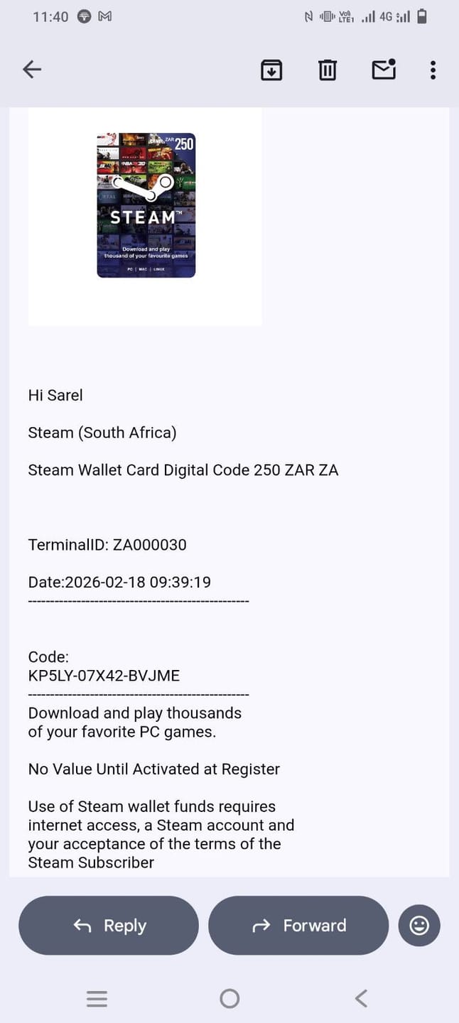Customer photo review of Steam ZAR 80 Gift Card. Digital code will be emailed