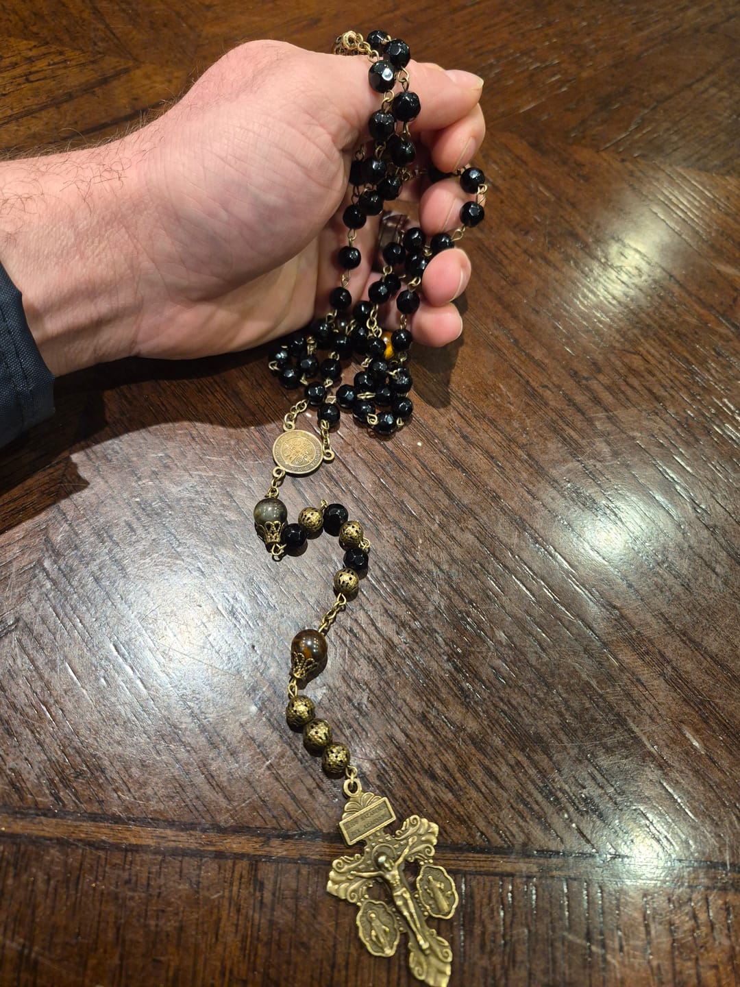 Customer photo review of FREE Today: Vintage Obsidian Tiger Eye Beads Rosary with Pardon Crucifix & St. Benedict