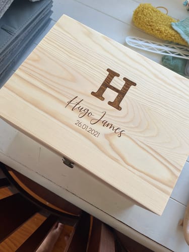 Customer photo review of Floral Monogram with birth details Engraved Pine Box
