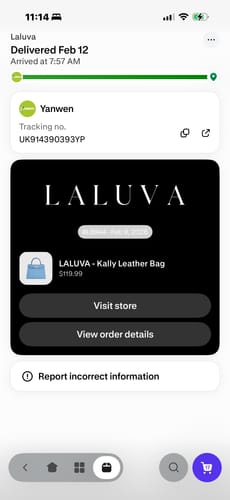 Customer's screenshot of the order delivery confirmation for their LALUVA - Warkin Bag.