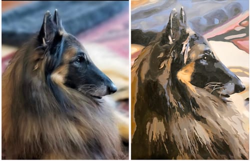 Customer's side-by-side of a dog photo and their finished painting, showing the fine detail achievable with the brushes.