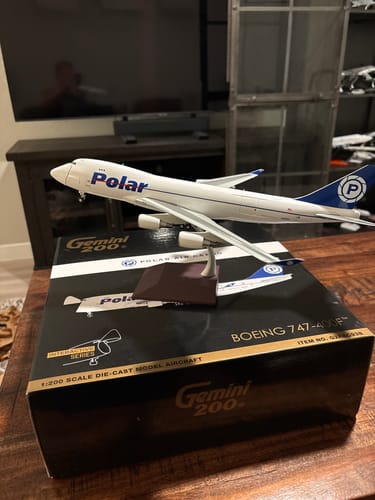Customer's Polar Air Cargo 747-400F model airplane on its display stand, sitting on top of the product box.